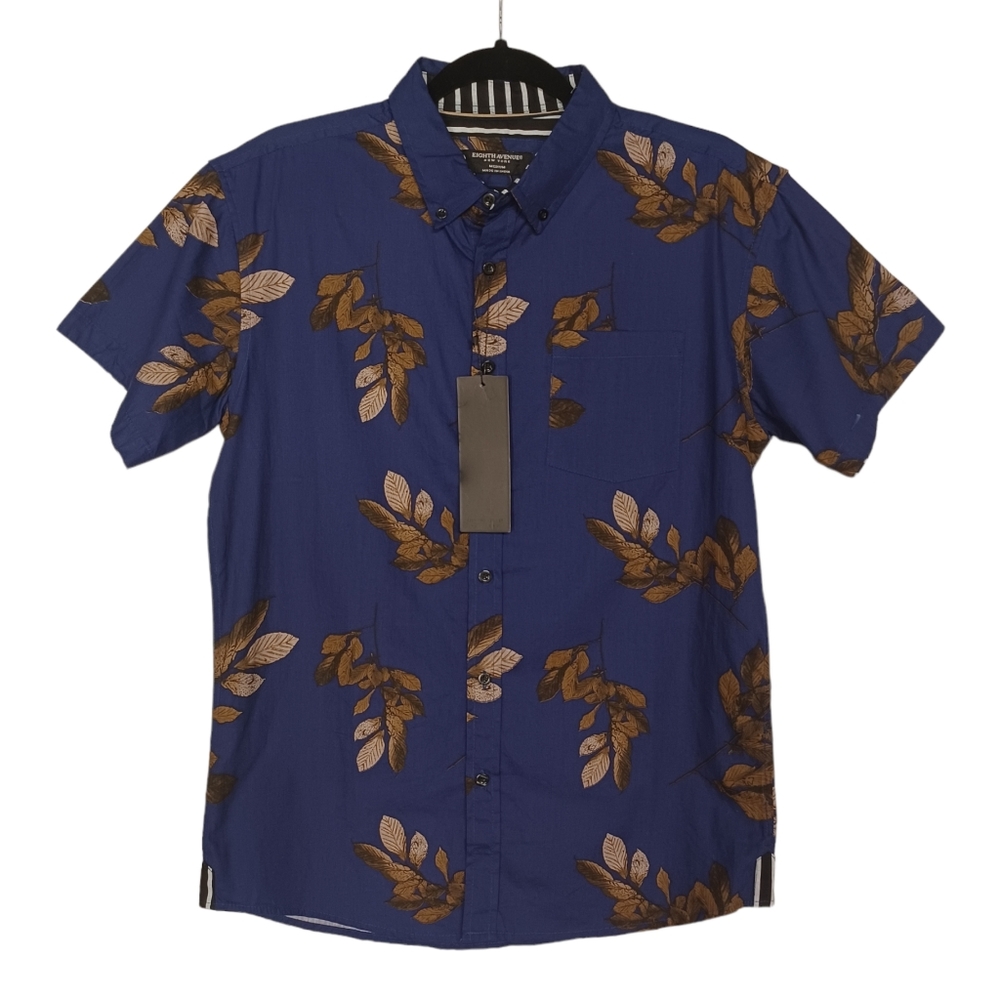 EIGHTH AVENUE NY Slim Fit Blue Brown Leaf Print Button Short Sleeve Top NWT M